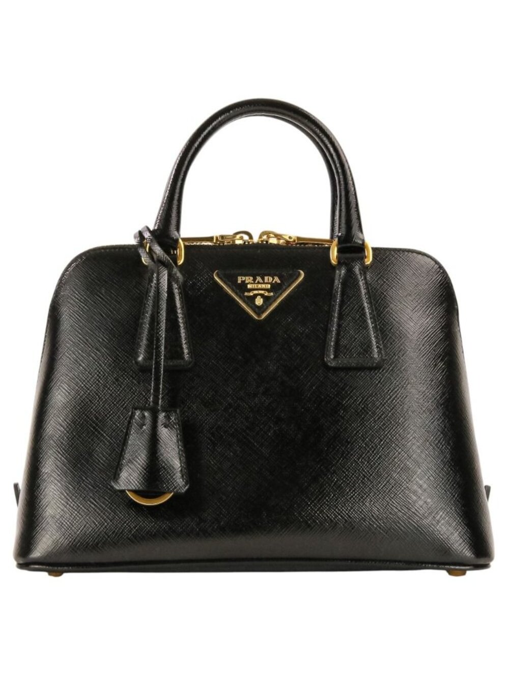 Prada Triangle Logo Leather Saffiano Vernis Clock 2-Way Shoulder Bag Black